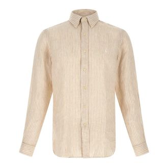 Polo Ralph Lauren Custom Fit Gestreept Linnen Overhemd - Heren - Casual Overhemden - Beige - 2XL - Linnen - Overhemden