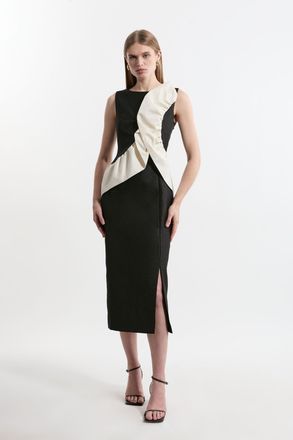 Karen Millen Womens Textured Tailored Contrast Taffeta Ruffle Midi Dress - Black - Size 8 UK