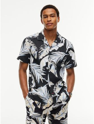 Tommy Hilfiger Mens Regular Fit Leaf Linen-Blend Camp Shirt - Black - XXXL