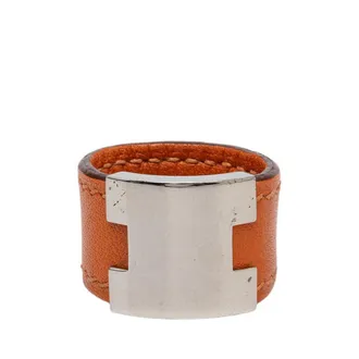 Herm&egrave;s Silver Orange Leather Metal Band Ring (Pre-Owned)