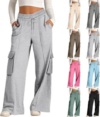 Generic Cargo Trousers Women Plain Tracksuit Bottoms Drawstrnig Baggy Joggers Elasticat High Waisted Wide Leg Sweatpants Running Gym Workout Lounge Pants (UK,