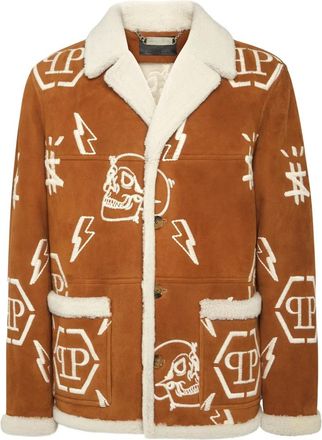 Philipp Plein Shearling Lange Jas Monogram - Heren - Jassen - Bruin - XS - Jassen