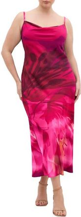 City Chic Sadie Print Cowl Neck Slipdress in Raspberry Moment at Nordstrom, Size Xxxs