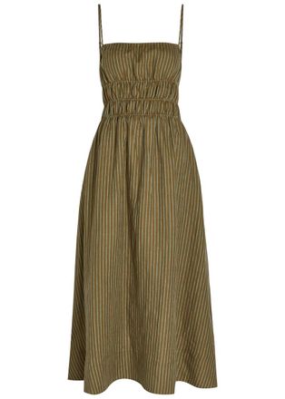 Staud Ayla Striped Linen Midi Dress - Green - XL (UK16 / XL)