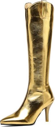 Generic Womens Metallic Knee-High Boots Pointed Toe Stiletto Heels Shiny Party Boots Zipper Closure Fashionable for Nightclub Concert Evening Events,Gold,3.5 