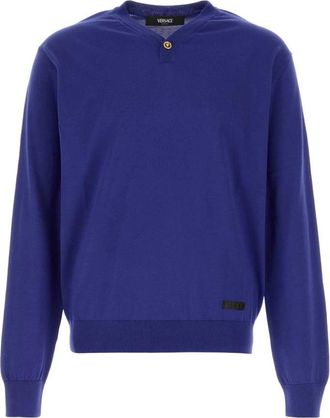 Versace Zijden-Katoenen Gebreide Trui met V-Hals - Heren - Ronde hals truien - Blauw - L - Katoen - Truien & Vesten