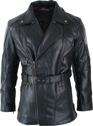TruClothing Belted Long Leather Moto Jacket With CE Armour