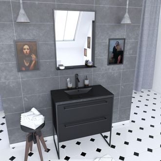 Aurlane Aurlane - Mueble De Ba&ntilde;o 80x50 - Cajones Negro Mate - Lavabo De Resina Efecto Piedra + Espejo