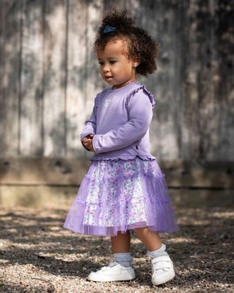 Deux par Deux Bi-Material Dress with Muslin and Mesh Skirt in Purple Gray at Nordstrom, Size 24M