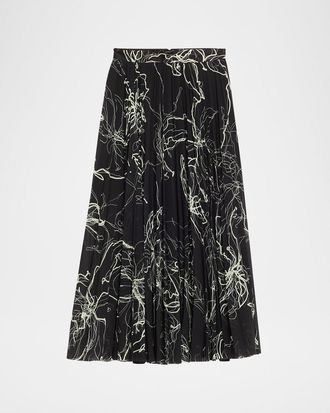 Jason Wu Pleated Floral-Print Chiffon Midi Skirt