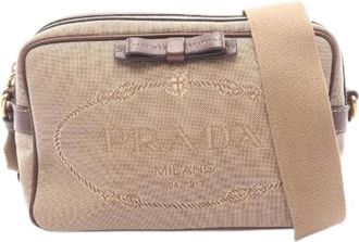 Prada Pre-owned Cross Body Bags, female, Beige, Size: ONE SIZE Pre-owned Logo Jacquard Leather Canvas Shoulder Bag