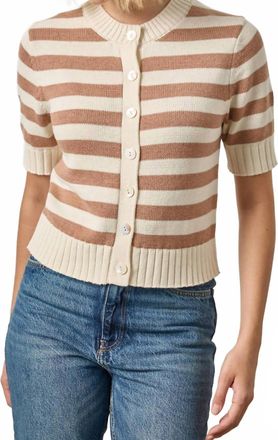Lilla P Elbow Sleeve Button Cardigan In Fawn Stripe