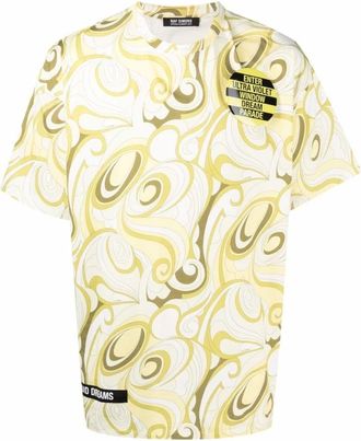 Raf Simons Tops, Heren, Geel, S, Katoen, Big Fit T-Shirt met Hippie All Over Print