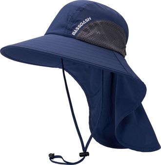 Bassdash UPF 50+ Unisex Water Resistant Wide Brim Sun Hat with Large Neck Flap Ponytail Fishing Hat for Men Women Dark Blue