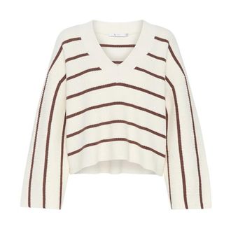 Gestuz V-hals Pullover met Bruine Strepen - Dames - V-hals truien - Beige - XS - Katoen - Truien & Vesten