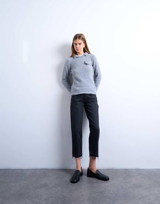 Topshop Runway - Jeans dritti alla caviglia nero slavato a vita medio alta con orlo scucito