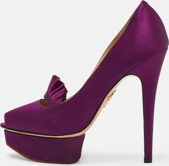 Charlotte Olympia Purple Satin Peep Toe Platform Pumps