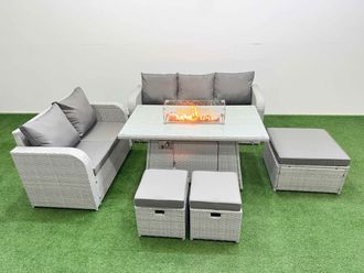 Fimous 8 Seater PE Rattan Wicker Garden Furniture Patio Conservatory Sofa Set with Firepit Dining Table 3 Seater Sofa Love Sofa 3 Stool in Light Grey