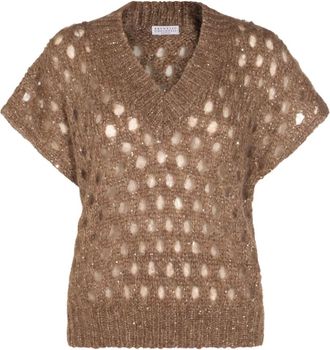 Brunello Cucinelli Maglione traforato con scollo a V - Marrone