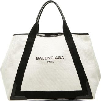 Balenciaga Black White Canvas Leather Handbag Tote Bag (Pre-Owned)