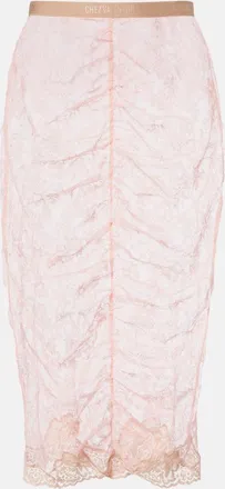 Valentino Floral ruched sheer lace midi skirt