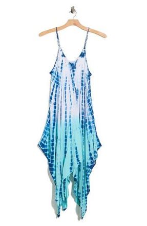 Boho Me Tie Dye Print Handkerchief Hem Maxi Dress in White/Aqua at Nordstrom Rack, Size 2X