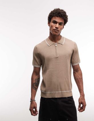 Capo Polo in maglia color pietra con zip a contrasto-Neutro