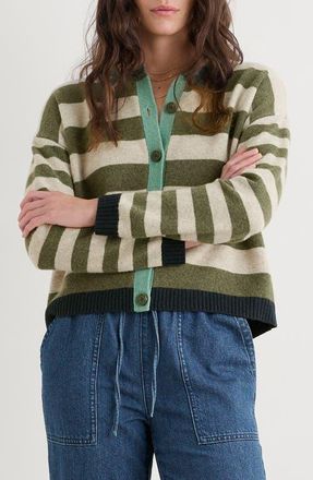 Seasalt Cornwall Pinwell Stripe Lambswool Blend Cardigan in Knit Bright Light Olive Mix at Nordstrom, Size 12 Us