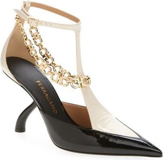 Ferragamo Rupy Gancini Chain T-Strap Pump in Black at Nordstrom, Size 8.5