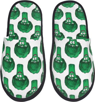Generic Fuzzy Slippers Cartoon Smiling Green Broccoli Cute Cozy Fleece Slippers Portable Anti-Slide Slipper For Spa Indoor Travel L