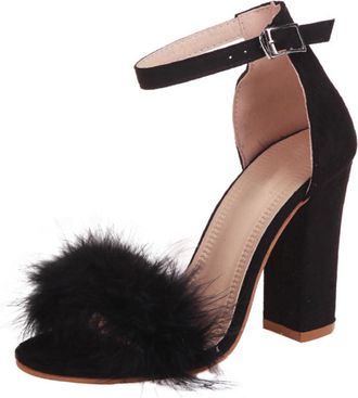 UPKOCH Chunky Heels Summer Sandals for Women Black Faux Fur Open Toe High Heel Shoes with Buckle Fashionable Party and Office Footwear Stylish Wide Fit Desig