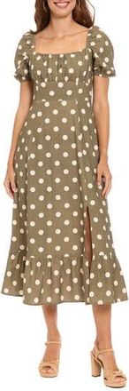 London Times Puff Sleeve Square Neck Empire Dress in Capulet Olive/Beige at Nordstrom Rack, Size 14