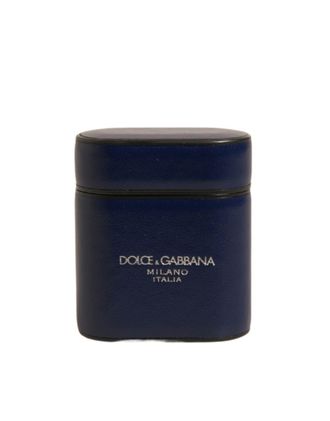 Dolce & Gabbana Blue Leather Logo Print Flip Holder Airpods Case Accessory