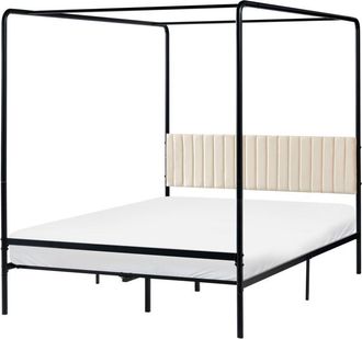 Beliani Cama Con Dosel De Metal Doble Con Estructura Met&aacute;lica Y Cabecero Tapizado 140 X 200 Cm Negro Dannemois
