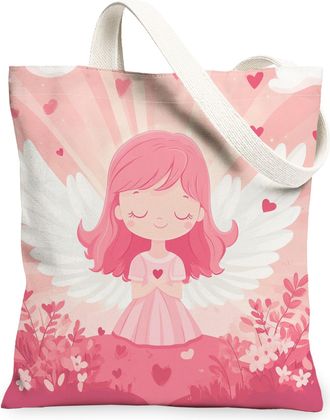Generic Cartoon Valentines Day Angel Canvas Tote Bag for Shopping 13x15, Fun Cute Romantic Love Heart Reusable Grocery Print Pattern Bag for Women, Holiday Be
