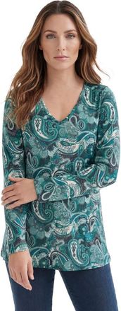 Roaman's Plus Size Ultimate Long Sleeve V Neck Tee in Navy Teal Painterly at Nordstrom, Size 24