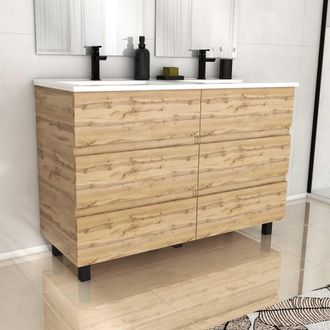 Aurlane Mueble De Ba&ntilde;o 120cm 6 Cajonesroble Natural + Lavabo De Cer&aacute;mica Blanco - Timber 120