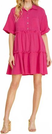 She + Sky Half Sleeve Button Down Collared Tiered Gauze Dress In Hot Pink