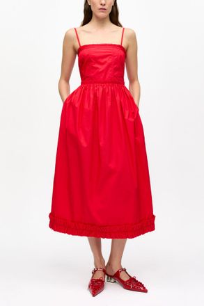 Ganni Red Cotton Poplin Strap Dress - Size 34 Organic
