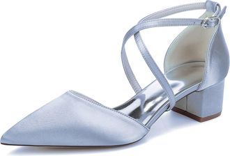Generic Women Satin Chunky Bridal Shoes Low Wedding Heels Cross Strappy Wedding Evening Dress Shoes Pumps 4.5Cm,Silver,10 UK