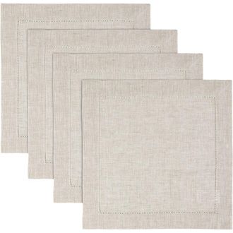 Solino Home Linen Square Placemats Set of 4, 14 x 14 Inch for Dining Table, Holiday and Everyday Table Decor - Classic Hemstitch in Light Natural at