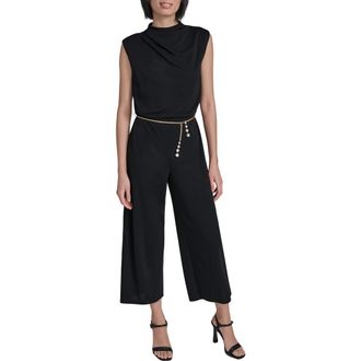 Karl Lagerfeld Jersey Jumpsuit with Faux Pearl Chain Belt in Black at Nordstrom, Size 16