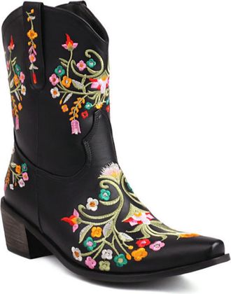 Generic Womens Mid-Calf Cowboy Boots with Embroidery Details, Wide Shaft Pull-On Design for Country Style,Black,5.5 UK