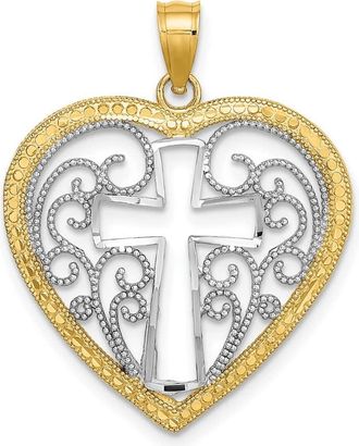 Diamond2Deal 10k Yellow Gold RhodiumCut-Out Beaded Filigree Heart Cross Charm