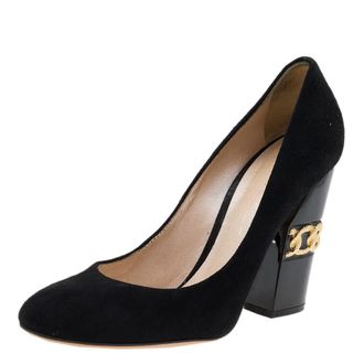 Casadei Black Suede Chain Block Heel Round Toe Pumps