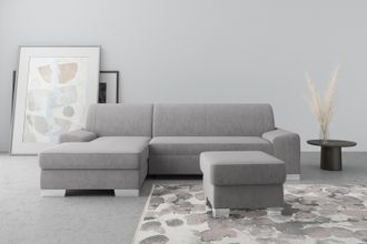 Domo Collection Ecksofa »Anzio L-Form, whlw. Bettfunktion, Federkern, hochwertig, Breite 271 cm« Mit Bettfunktion, Recamiere links, Samtoptik, grau