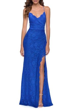 La Femme Lace Long Dress with Scallop Detail on Skirt Slit in Royal Blue at Nordstrom, Size 00