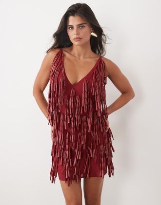 Asos vestito corto cami con scollo profondo e perline grandi rosso