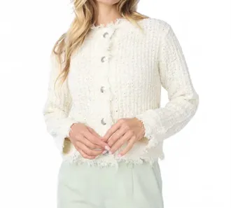 Esqualo Olena Fray Tweed Cardigan In Off White With Hints Of Gold