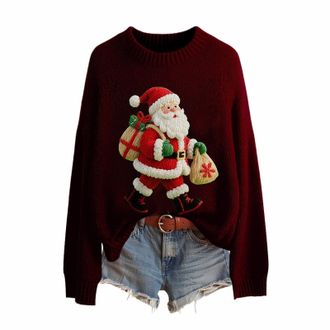 Generic Xmas Jumpers for Women UK Christmas Fashion 3D Print Womens Knitted Jumpers Long Sleeves Ladies Xmas Sweaters Winter Warm Fleece Pullover Sweaters Com